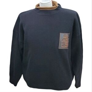 UnionBay sweater men's XL black tan roll neck embroidered crest patch wool blend